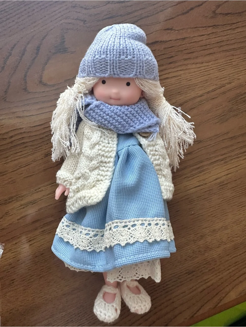 Girl Doll with Blue Knitted Accessories & Lace